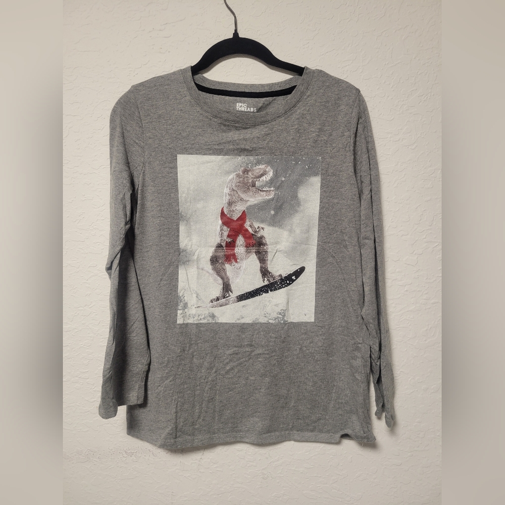 Gray Dinosaur Surfing Long Sleeve Shirt